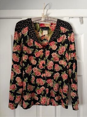 Carole Little Black Floral Button-Up Blouse with Pink Roses